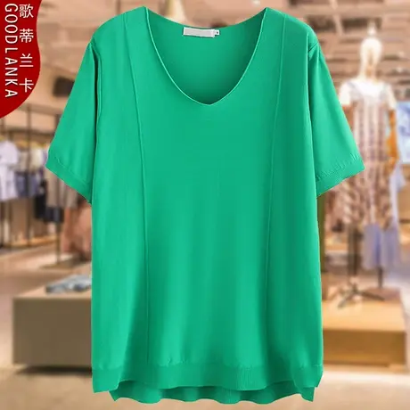 中年胖妈妈短袖冰丝上衣夏季薄款宽松T恤加肥加大码女装V领针织衫商品大图