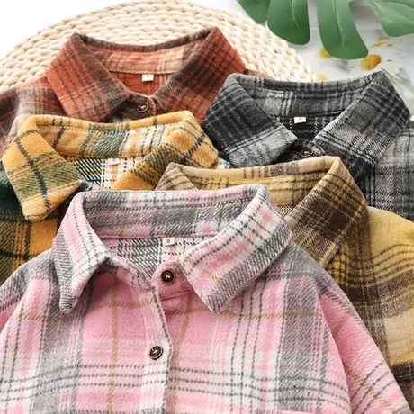 磨毛格子衬衫女秋冬装复古港味宽松韩版百搭打底加厚毛呢衬衫外套商品大图