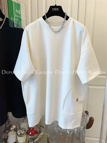 高级感刺绣茧型短袖T恤港味chic新款流行上衣女宽松中长款遮肉商品大图