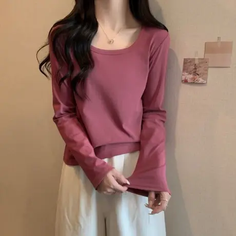 方领正肩长袖T恤女2023春秋新款修身显瘦双面德绒磨毛内搭打底衫商品大图