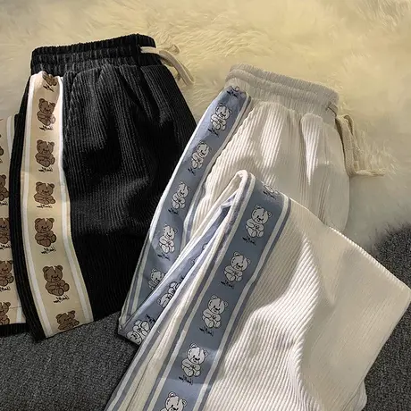 小熊灯芯绒运动裤子女加绒加厚秋冬季小个子休闲宽松阔腿裤潮ins商品大图