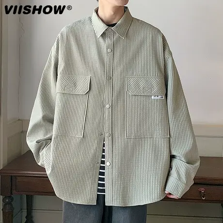 viishow日系复古简约华夫格长袖衬衫男潮牌宽松bf风街头休闲外套图片