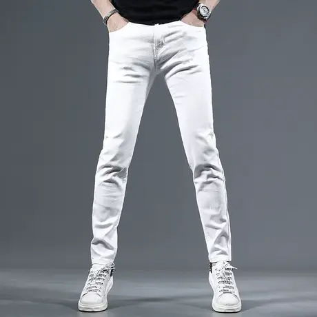 2023夏季新款高端白色牛仔裤男潮牌修身小脚男士弹力薄款休闲长裤商品大图