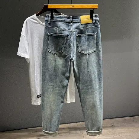弹力小直筒夏季薄款哈伦裤做旧复古弹力大码潮胖百搭牛仔裤男日系图片