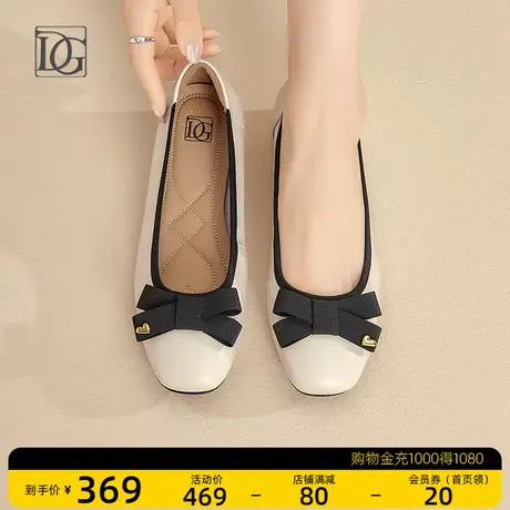DG真皮浅口低跟单鞋女2023新款新款秋季蝴蝶结一脚蹬粗跟小皮鞋商品大图