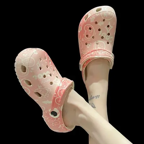 洞洞鞋女夏季时尚印花渐变色厚底增高防滑两穿沙滩包头凉拖鞋外穿商品大图