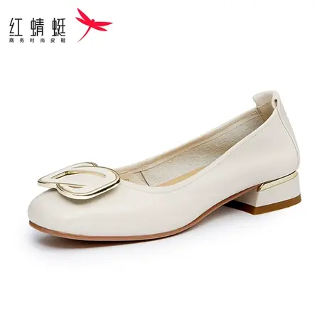 红蜻蜓女鞋2022春秋新款舒适低跟休闲鞋真皮套脚浅口粗跟单鞋女图片