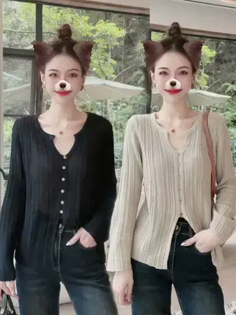 法式时尚气质慵懒风简约镂空长袖针织衫女2023秋季新款修身上衣潮图片