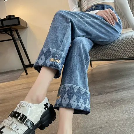 卷边直筒牛仔裤女秋冬2023新款高腰宽松显瘦小个子九分翻边烟管裤商品大图