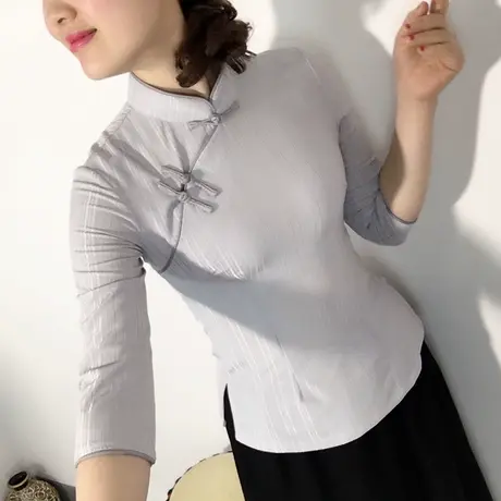 春中国风日常盘扣女装改良复古旗袍上衣修身显瘦斜襟唐装女茶艺服商品大图
