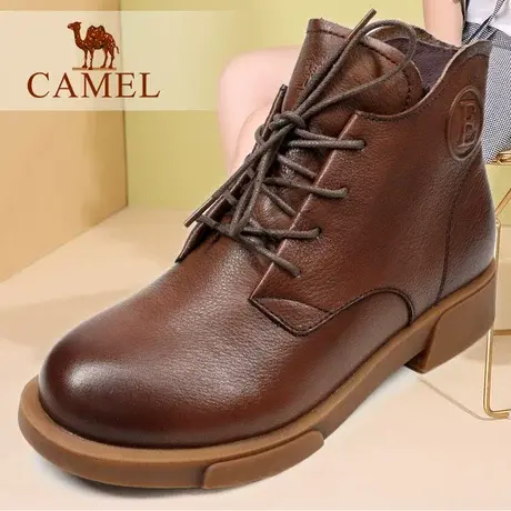 Camel/骆驼女鞋 秋冬季款真头层牛皮加绒保暖休闲短靴 短筒皮靴子图片