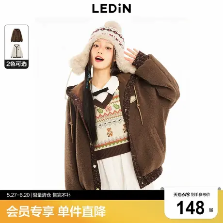 乐町秋冬毛织拼接棉服美式潮连帽外套女C2AED4414图片