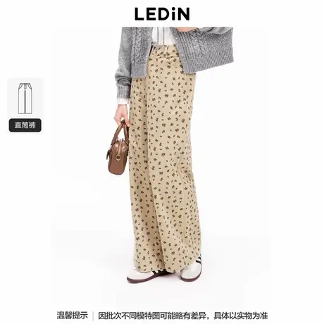 【商场同款】乐町灯芯绒印花阔腿裤24年冬季新款直筒裤C1GBE4251商品大图