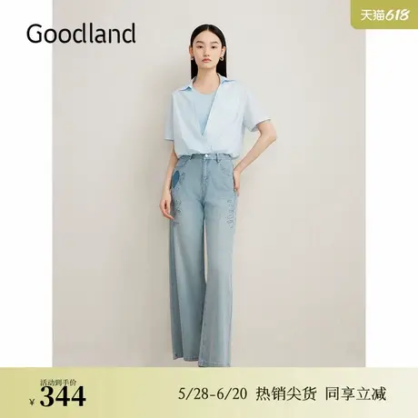 Goodland美地夏季新款设计感假两件衬衫收褶缎感上衣图片