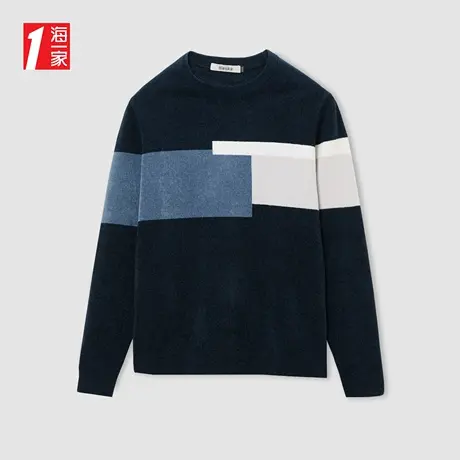 海一家时尚撞色毛衣2023秋季新款圆领雪尼尔青年男士长袖针织衫商品大图