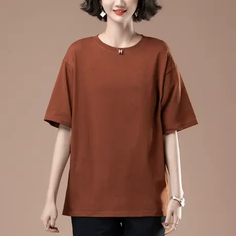 短袖t恤女夏季新款加肥加大码女装宽松中年妈妈全棉纯色显瘦体恤商品大图