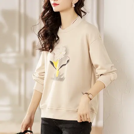 妈妈薄款卫衣女春秋季新款宽松加大码洋气钉珠印花女士上衣打底衫商品大图