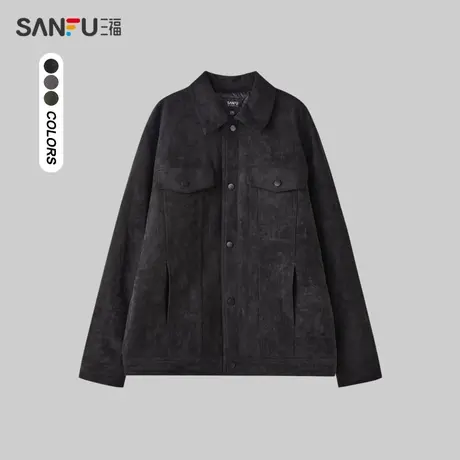 三福2023冬男士麂皮胸袋短棉衣 时尚修身翻领保暖外套男473010商品大图