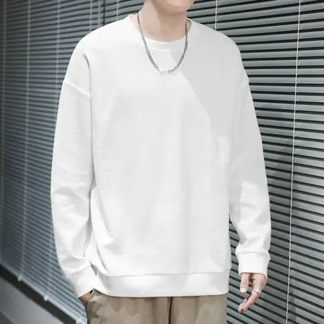 美式重磅华夫格圆领卫衣男士秋冬款加绒加厚无帽纯色白色长袖t恤商品大图
