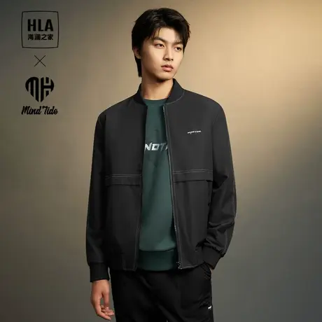 HLA/海澜之家中国心棒球领夹克23秋季新款黑色商务休闲明线外套男商品大图