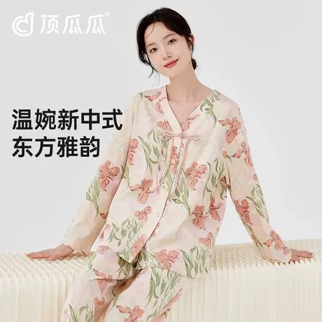 顶瓜瓜睡衣女款纯棉春秋季新中式薄款印花长袖可外穿家居服套装商品大图