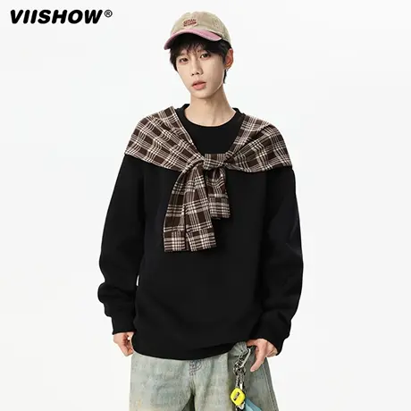 VIISHOW美式格纹披肩卫衣男秋季假两件宽松落肩袖长袖t恤休闲上衣商品大图