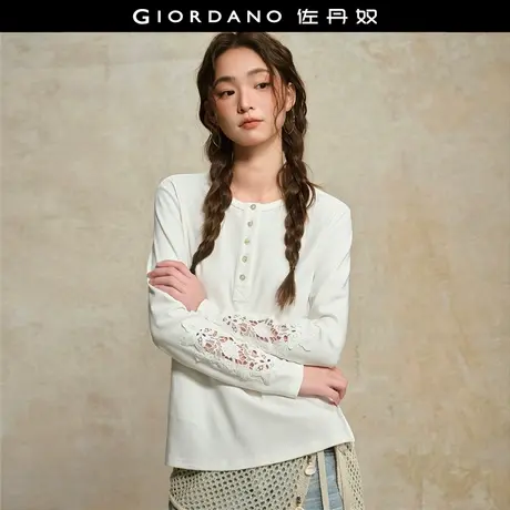 设计师款佐丹奴亨利衫女拼接镂空绣花袖亨利领长袖T恤女18325522商品大图