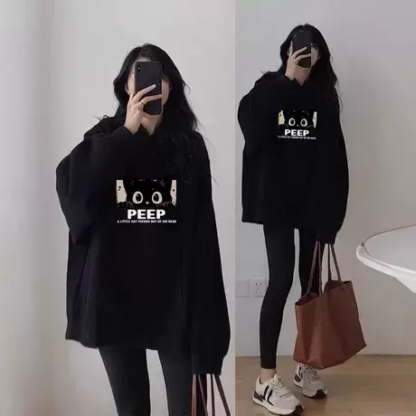 美式潮牌黑色连帽卫衣女款2025秋季新款爆款宽松大码上衣加绒外套商品大图