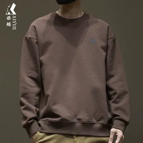 希越440g重磅圆领卫衣男咖啡色秋季新款宽松大码内搭打底衫上衣男商品大图
