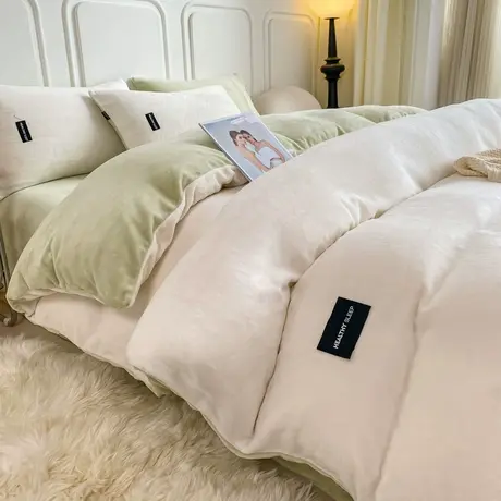 恒源祥夏季新款奶油风牛奶绒三件套家用床单床笠款床上用品四件套商品大图