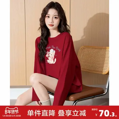唐狮2026春季新款长袖T恤女卡通印花休闲宽松上衣新年氛围感红色图片