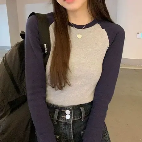 拼接撞色插肩长袖t恤女2023春秋新款设计感小众宽松显瘦打底上衣图片