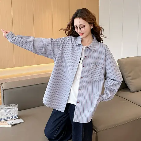 唐狮秋季衬衫女新款长袖时尚洋气条纹宽松设计感日常百搭TM图片
