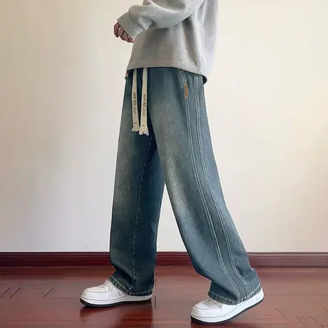 唐狮新款夏季牛仔长裤男宽松复古美式水洗做旧直筒阔腿裤百搭TD商品大图