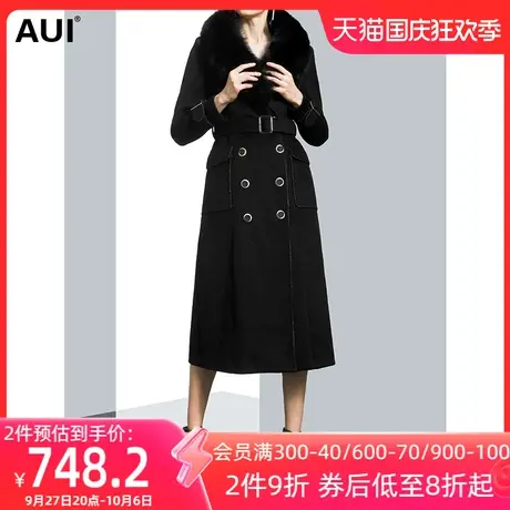 黑色中长款狐狸毛领过膝毛呢外套女冬2023新款大气收腰呢子外套潮商品大图