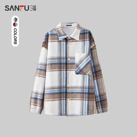三福2023冬男士法兰绒格纹长衬衫 休闲时尚宽松翻领上衣476215商品大图