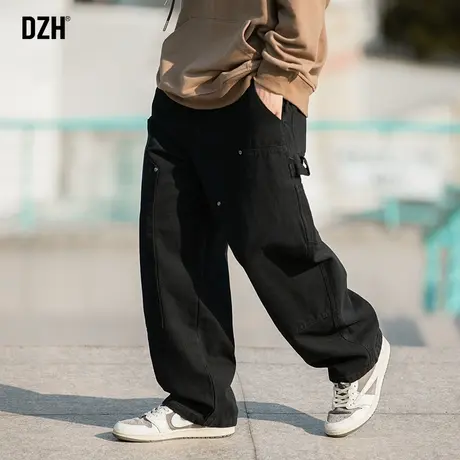 男生纯棉休闲裤男秋季宽松直筒黑色裤子男款美式高街工装伐木裤潮商品大图