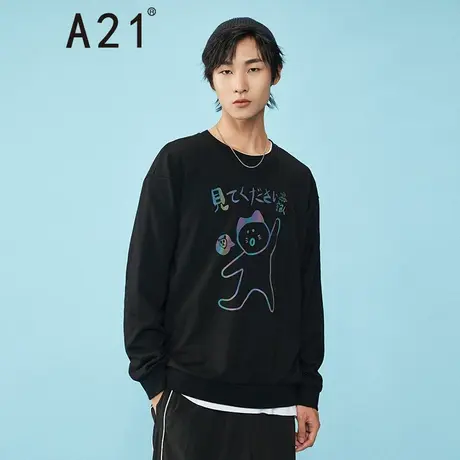 A21outlets秋冬男装针织宽松圆领落肩长袖卫衣 3M印花潮牌男上衣图片
