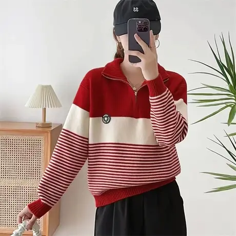 高领加厚女毛衣立领条纹套头女毛衣2023年新款宽松百搭针织女内搭商品大图