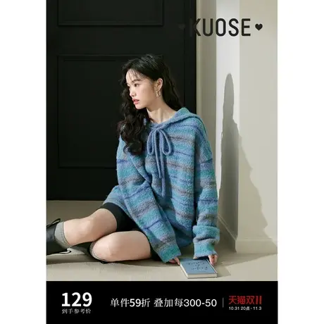 阔色蓝色翻领花纱毛衣女2023新款秋冬季海军领气质慵懒风针织衫商品大图