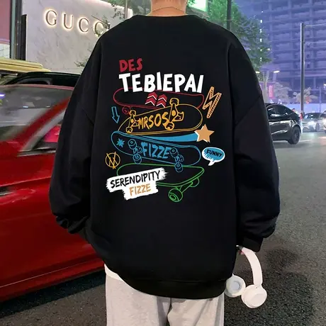 圆领卫衣男2023新款秋冬季印花嘻哈美式高街套头潮牌长袖无帽外套图片