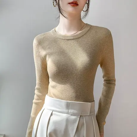 圆领长袖针织打底衫女2023秋冬新款修身纯色羊毛正肩西装内搭上衣商品大图