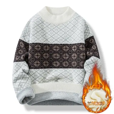 加绒加厚毛衣男冬季半高领针织衫男撞色格子打底衫黄金貂软糯线衣商品大图