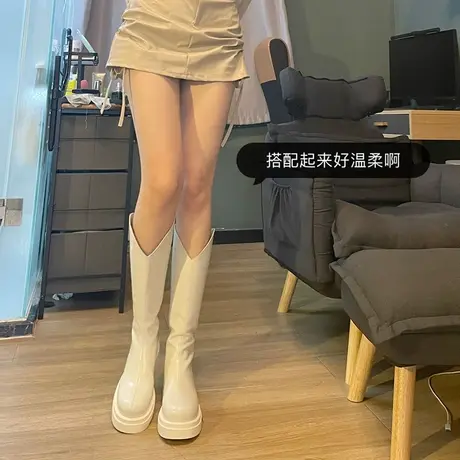 靴子长靴女2023秋冬新款显瘦瘦厚底小个长筒靴v口加绒白色骑士靴商品大图