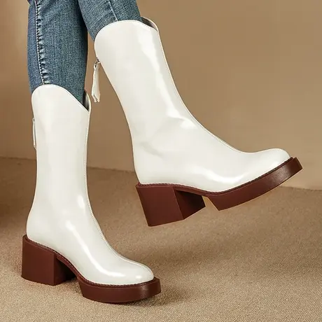 2024秋冬新款里外真皮欧美舒适中筒靴女真皮亮面防水台百搭靴子女商品大图