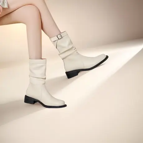 秋冬短靴女2023秋季新款靴子粗跟堆堆靴女中跟靴马丁靴圆头中筒靴商品大图