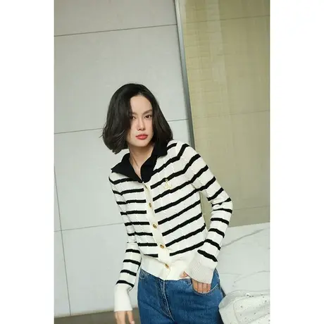 2023秋冬新款女装休闲减龄百搭条纹羊毛天丝女士毛针织衫开衫女商品大图