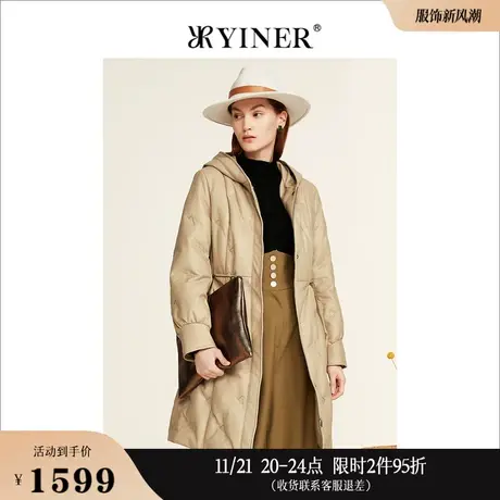 YINER音儿线上专选女装冬季连帽设计感绵羊皮真皮白鸭绒羽绒服商品大图