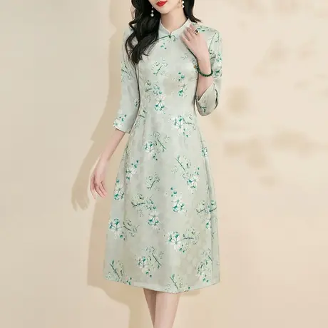 水墨青华2024春季新品立领新中式国风旗袍名媛气质印花缎面连衣裙商品大图