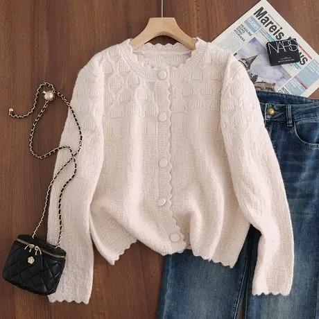 23092新款韩版宽松圆领长袖开衫上衣针织衫毛衣女士百搭外套女商品大图